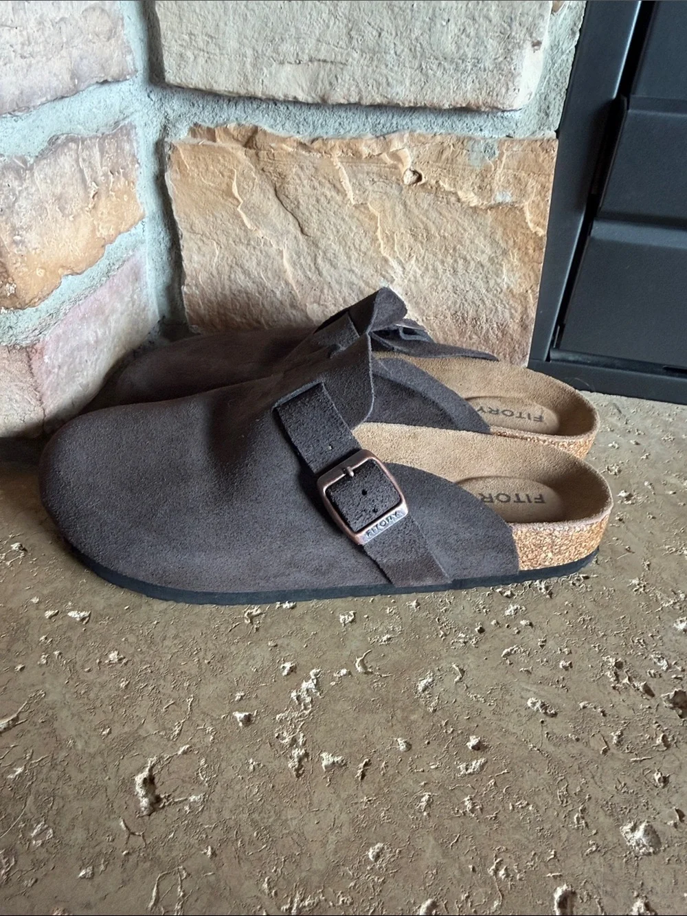 NWOT Men’s Suede Slide Sandals with Adjustable Buckle — Dark Brown